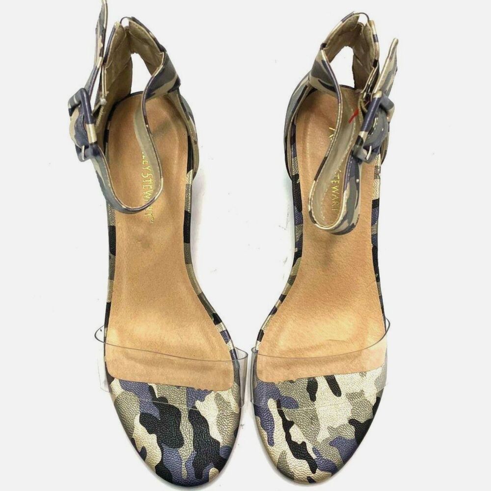 Ashley Stewart Women's Camo Ankle Strap Sandals Clear Toe Band Heels Size 8W